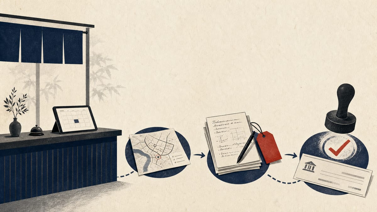 Illustration of a small guesthouse reception counter with a tablet booking system, notes and a bank-transfer slip laid out as steps in a process.