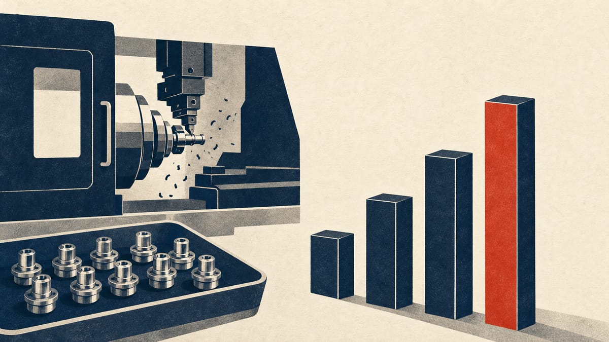 Precision lathes machining small metal parts beside a simple bar chart of rising forecast columns.