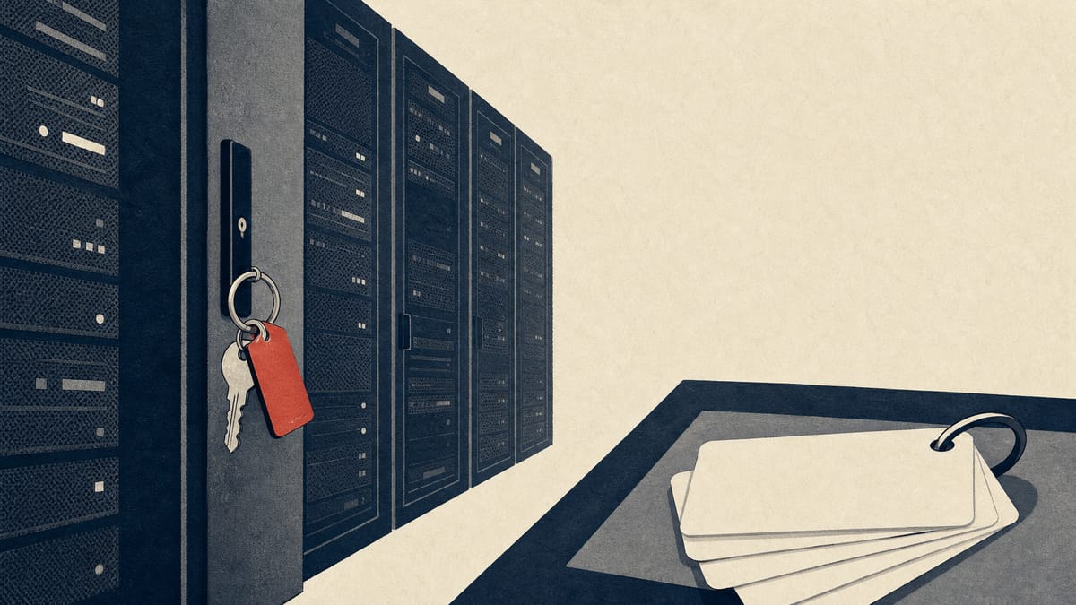 Server racks with a loose key ring hanging from one cabinet door and blank access cards fanned out on a console, suggesting compromised credentials.