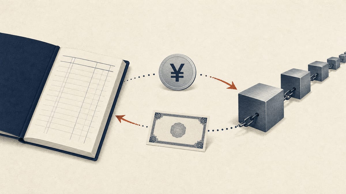 Illustration of a book-entry ledger linked to a chain of blocks, with a coin token and a bond certificate exchanged at the centre.
