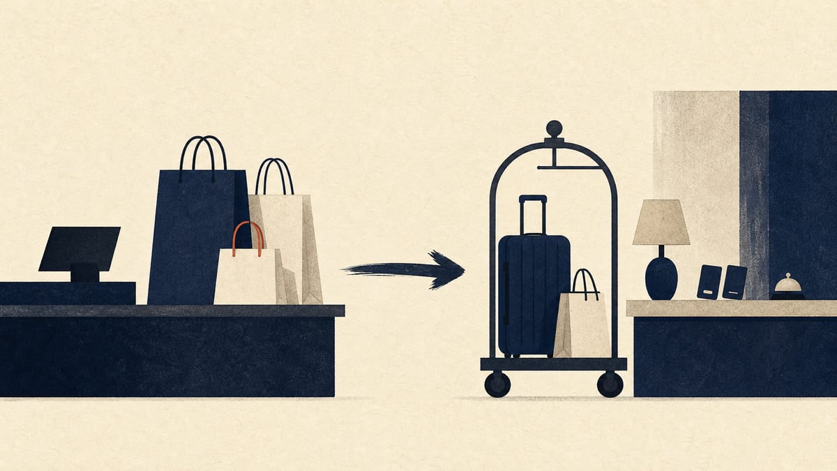 Shopping bags and a luggage cart at a store counter beside a hotel reception desk with room key cards, illustrating visitor spending on shopping and lodging.