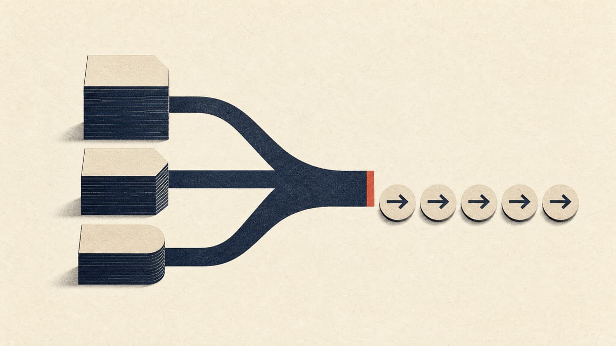 Abstract editorial image of three streams of capital from separate share tranches merging into one channel that repays a row of loan tokens.