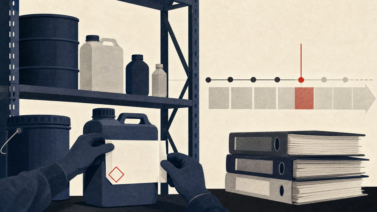 Warehouse shelving with chemical drums and containers, one receiving a blank hazard label, next to binders and a timeline strip.