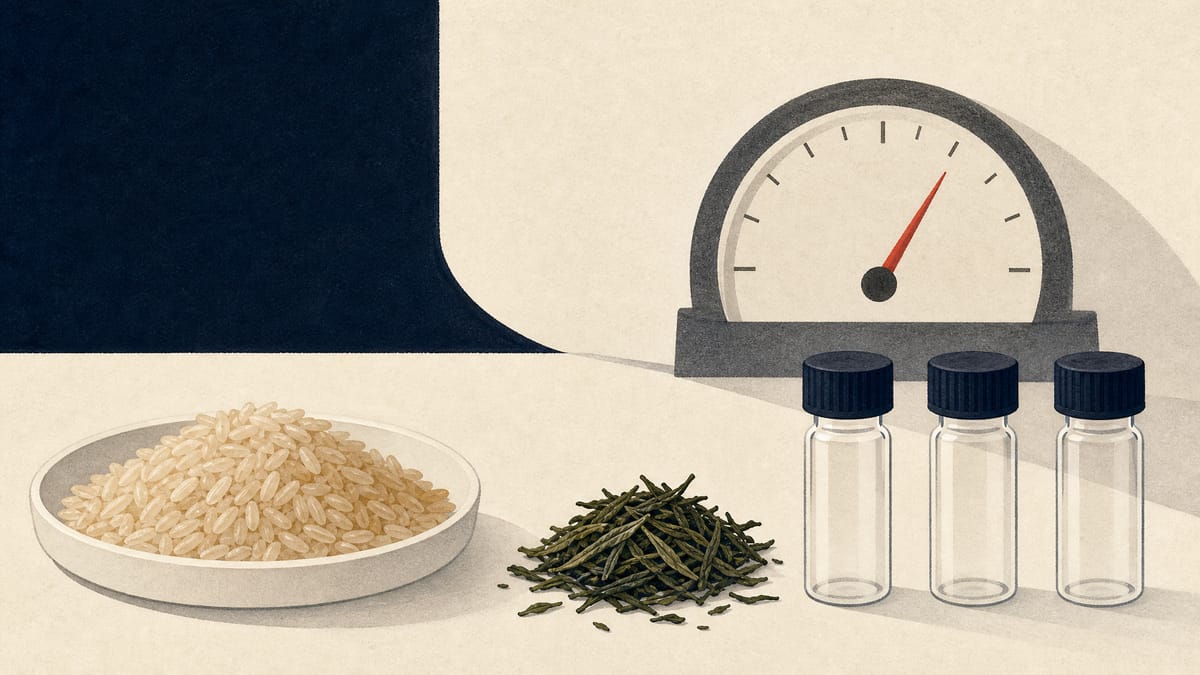Brown rice in a dish beside dried tea leaves and sample vials, with a dial gauge suggesting residue measurement.