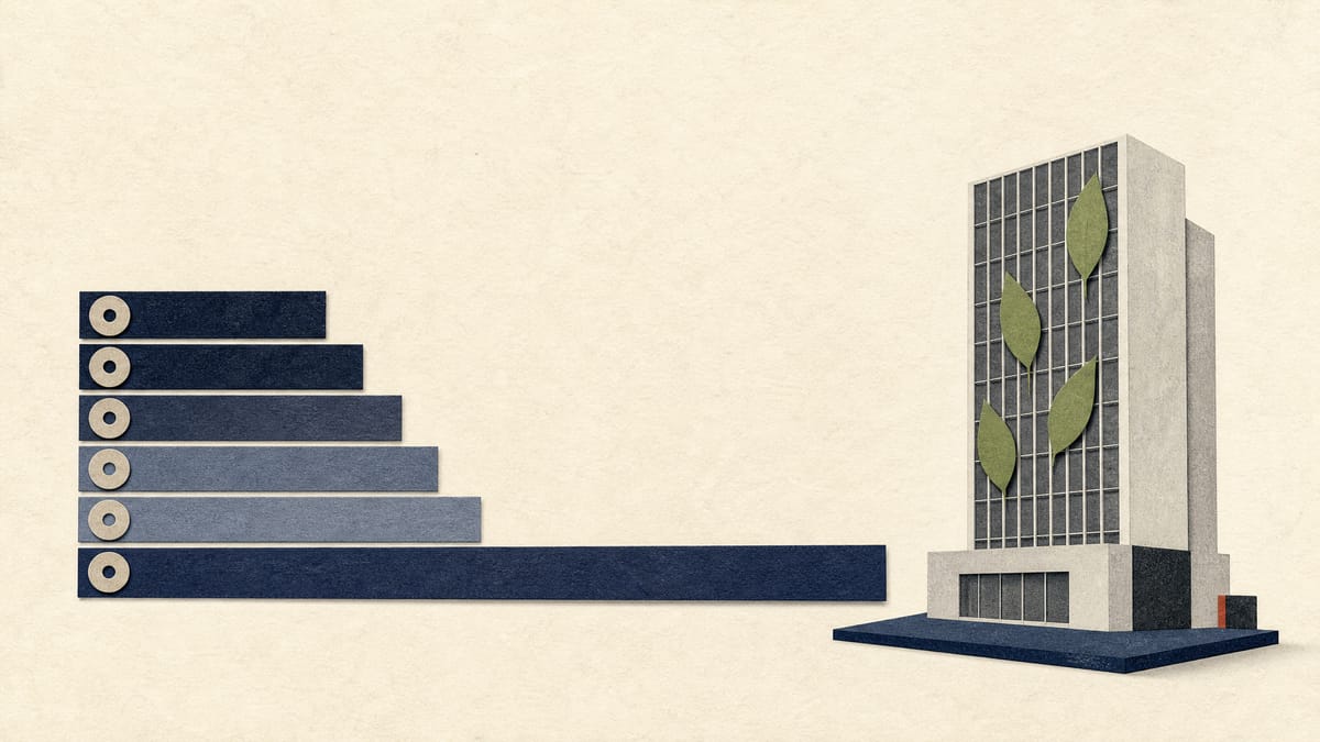 Illustration of six ledger bands of differing lengths beside a small office-tower model with green markers, representing a REIT's green-loan tranches.