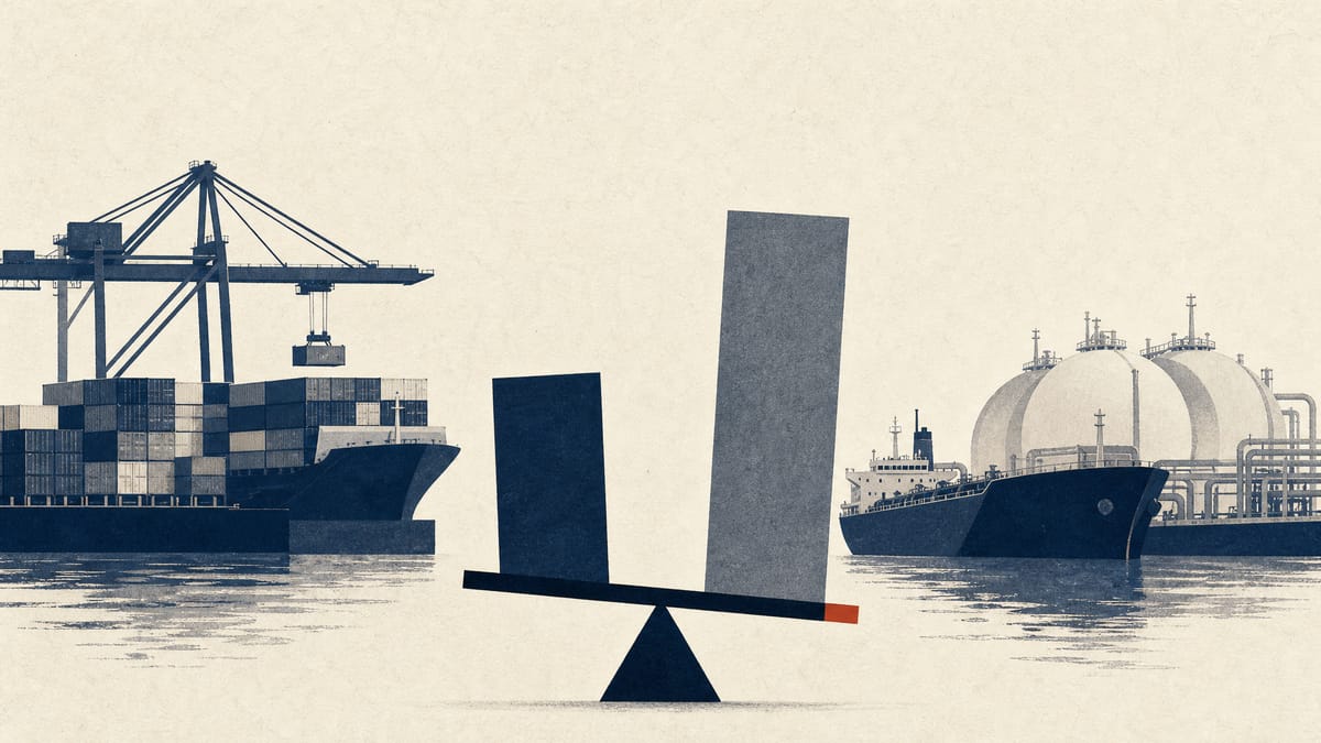 Port cranes loading shipping containers beside a tanker berth, with an uneven pair of bars suggesting a trade imbalance.