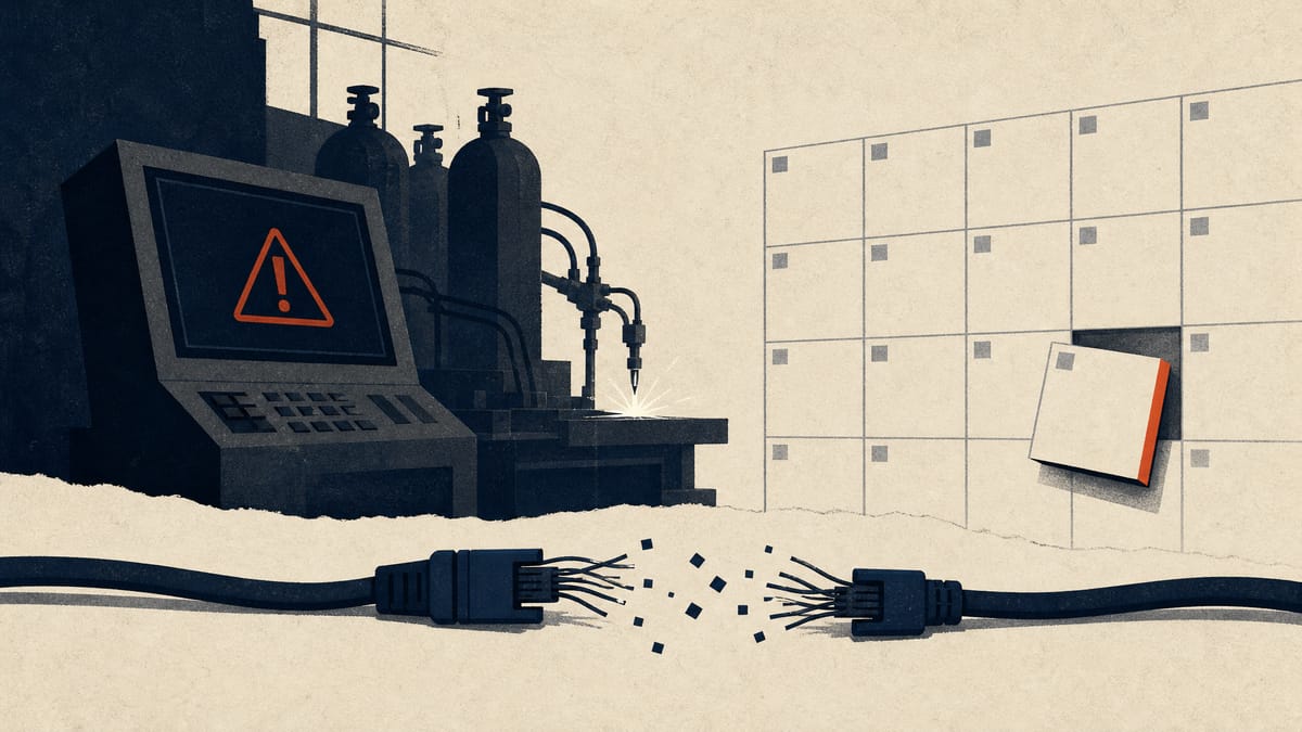 Industrial gas equipment beside a control terminal with severed data cables and a displaced calendar block, suggesting a delayed reporting schedule after a cyberattack.