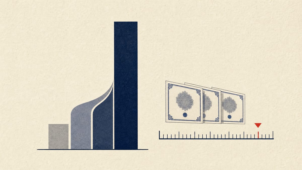 Abstract diagram of three investor holdings combining into one larger stake bar, with a marker showing a one-point increase.