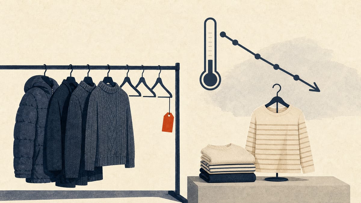 Racks of children's winter coats and knitwear in a store with few shoppers, next to a lighter seasonal display and a downward-sloping line motif.