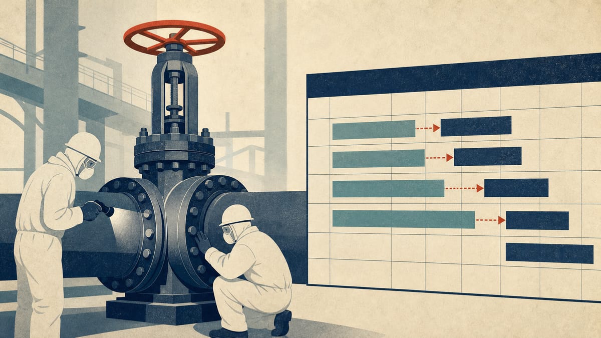 Maintenance crew in protective gear inspecting a large industrial valve in a power plant hall, with a project schedule board in the background.