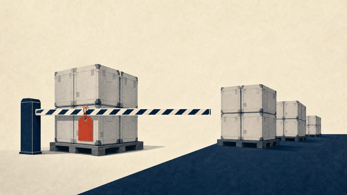 荷捌き場に置かれた密封済みの医療機器輸送ケース。他のパレットが運ばれる中、1つのパレットだけがゲート前で止められている。