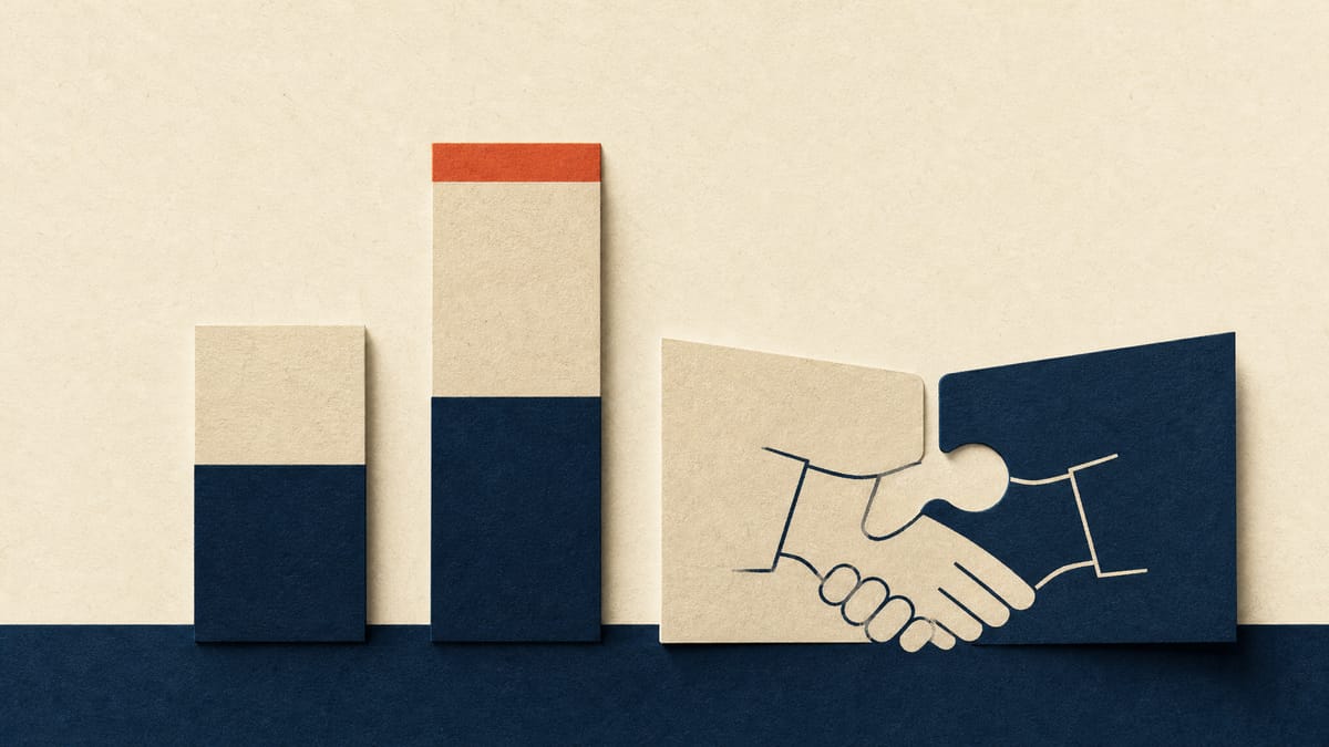 Two bar charts, the second taller, beside interlocking tabs suggesting a closed deal.
