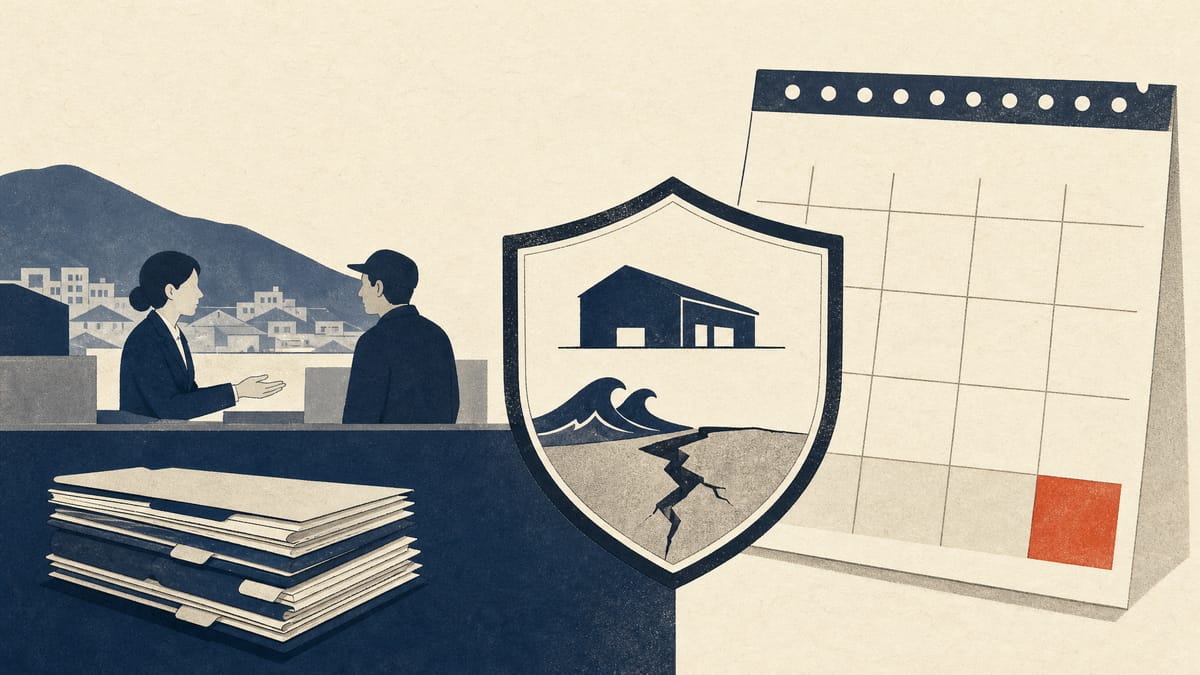 Illustration of a regional bank counter with small-business loan files and a shield diagram representing credit insurance beside a calendar page.