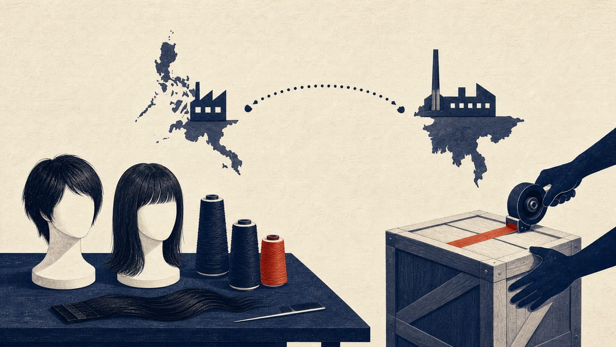 Wig mannequin heads and hair-fibre spools on a workbench beside a sealed shipping crate and a simple two-point route diagram.