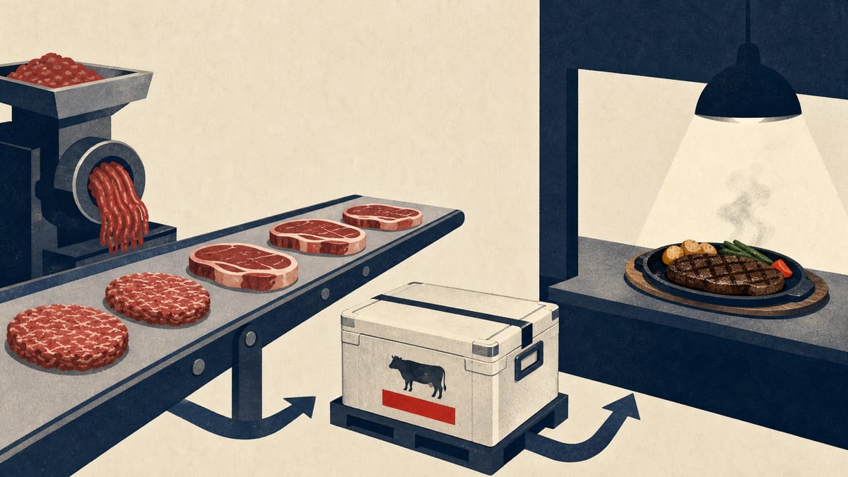 A meat-processing line with portioned patties and a chilled delivery crate heading toward a restaurant kitchen.