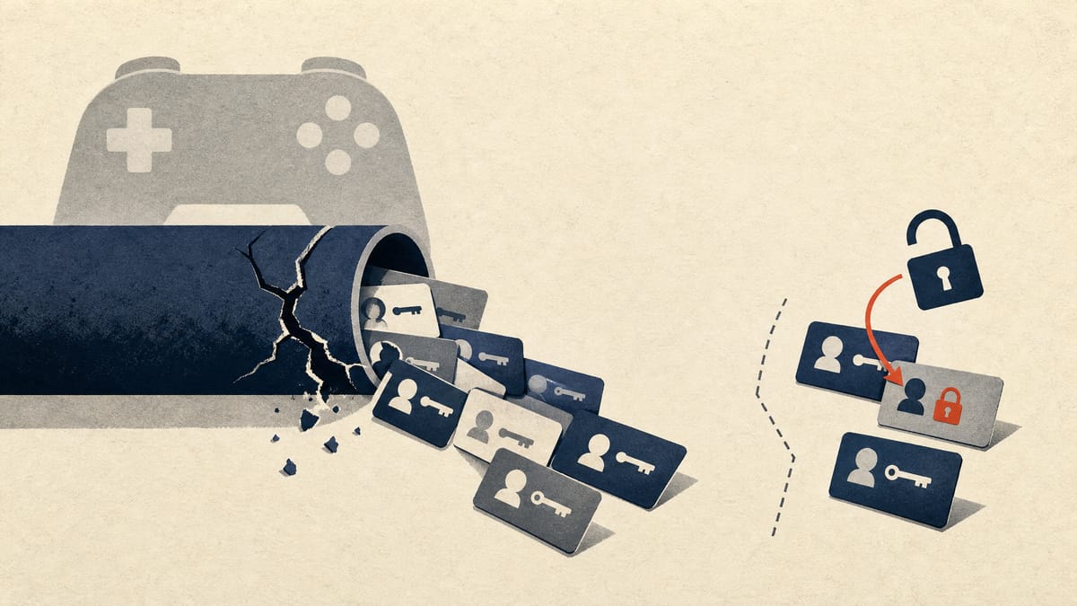 Abstract illustration of account cards streaming through a breached data pipeline, with a few cards separated and one padlock being replaced.