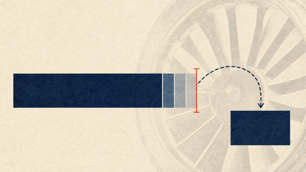 Stacked ownership bar with one large block and three thin slivers, and an arrow looping to a separate block representing a stock loan, over faint turbine blade shapes.