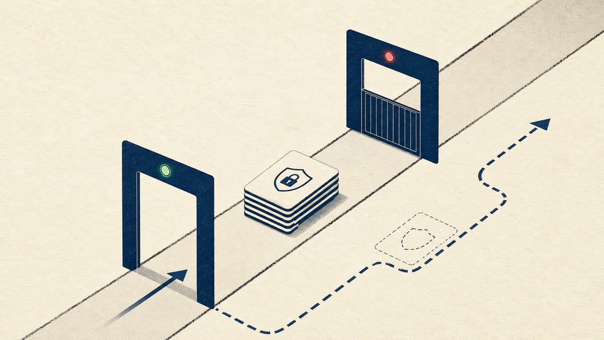 Illustration of a two-gate approval chain for digital certificates, with the first gate open, the second closed and a substitute lane running alongside.
