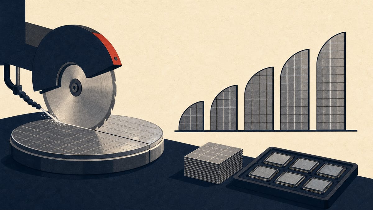 A precision dicing blade cutting a silicon wafer, with stacked memory chips and finished dies beside it.