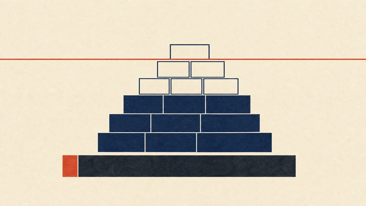 Abstract diagram of stacked share blocks, some solid and some outlined, rising toward a threshold line above a single bar representing loan funding.