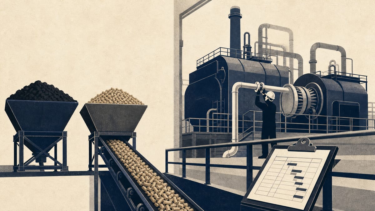 Interior of an industrial power plant where a conveyor carries biomass pellets next to unused coal hoppers and new gas piping.