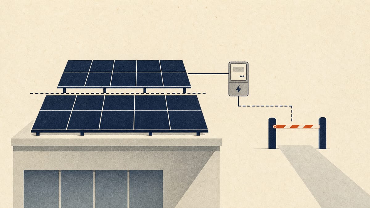 Illustration of rooftop solar panels in two layers, with the upper layer of extra panels linked to a meter and a checkpoint gate.