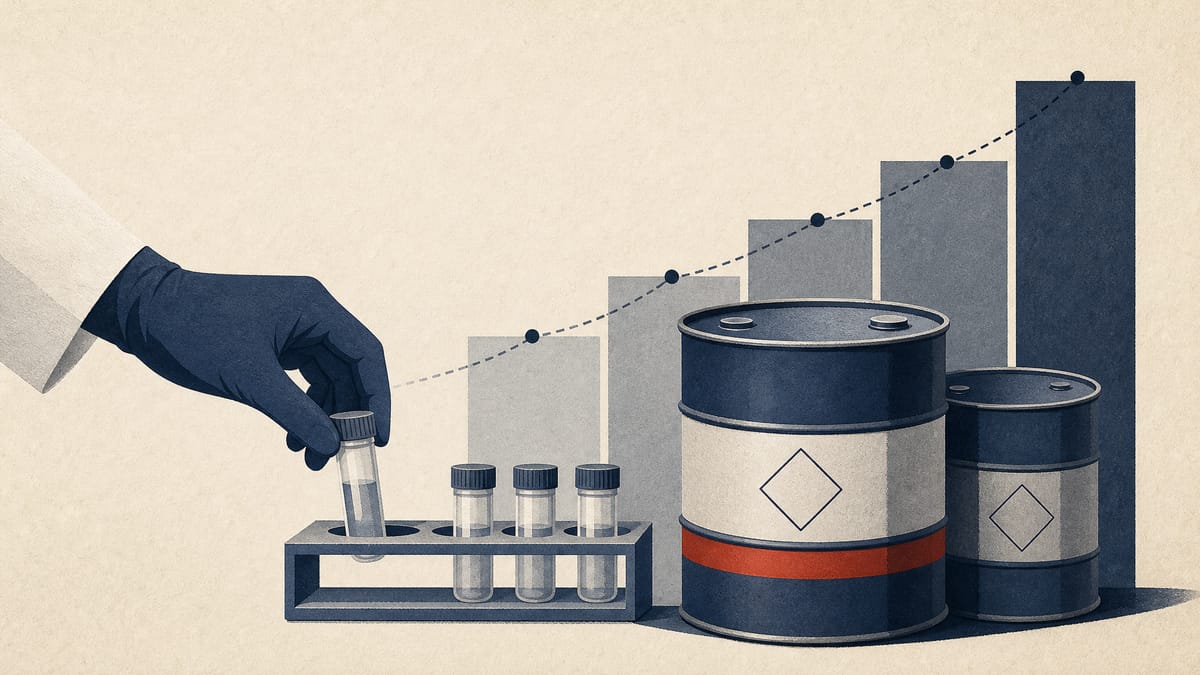 A gloved hand places a sample vial into a rack next to sealed chemical drums, with a stepped bar pattern behind suggesting a phased timeline.