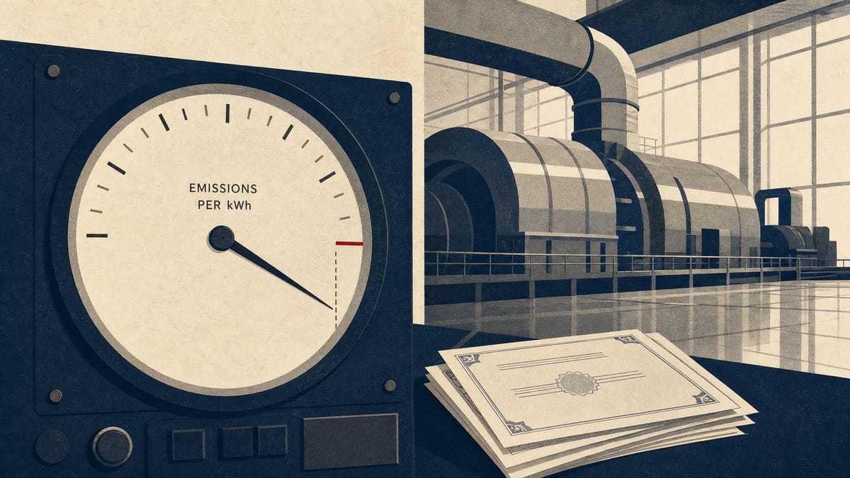 A gauge measuring emissions per kilowatt-hour in front of a power plant turbine hall, with a threshold marker on the dial.