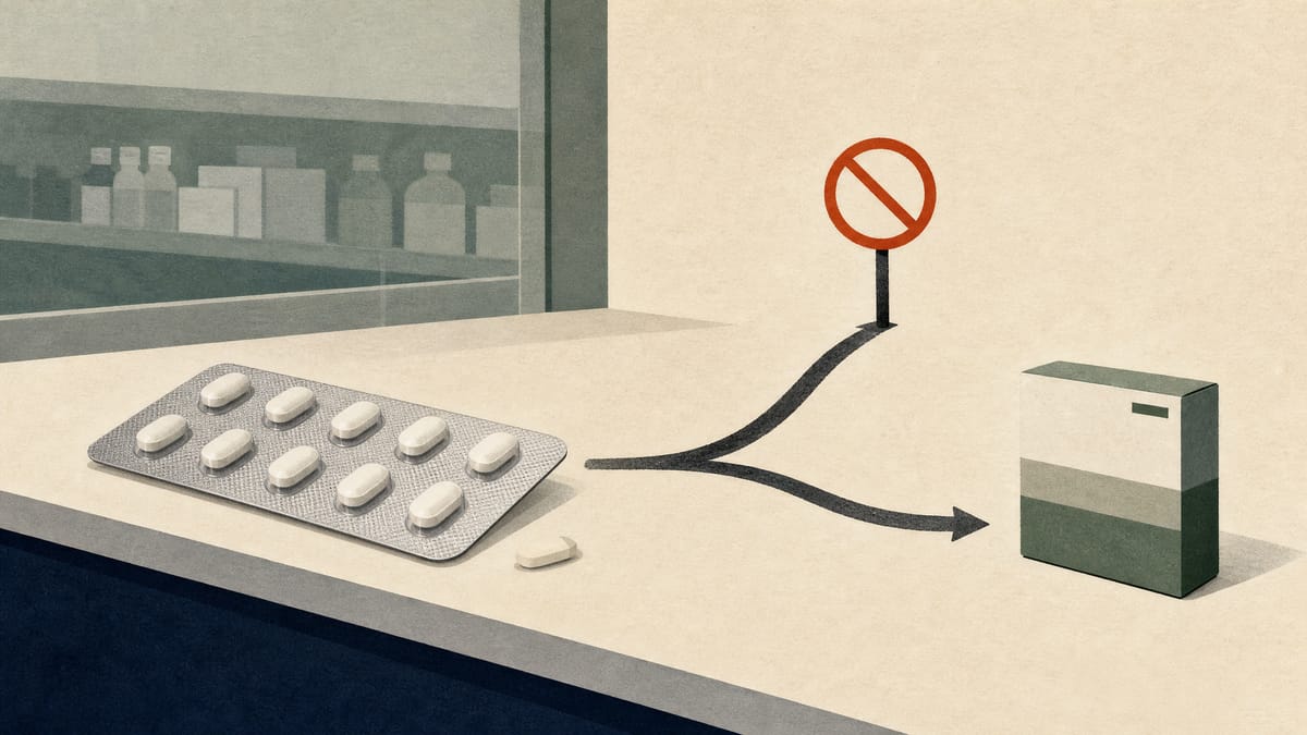 Tablet blister pack on a pharmacy counter beside a prescription pathway blocked at its starting point and a separate path to an alternative treatment.