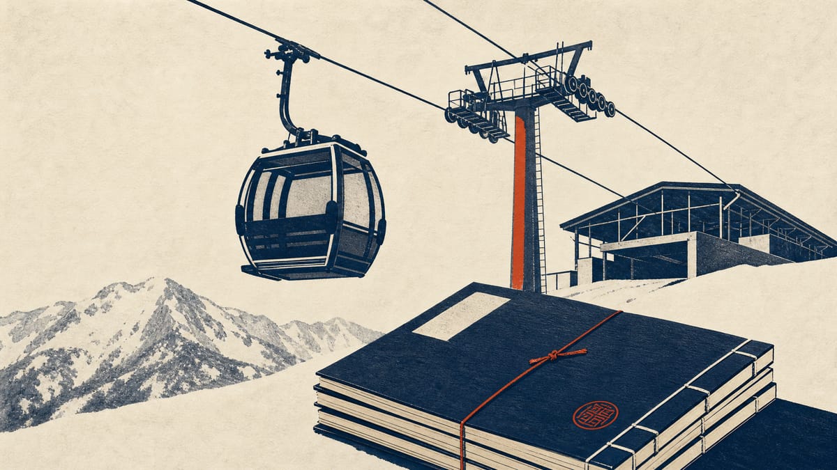 A ski gondola cabin and lift tower above a snowy base station, with ledgers in the foreground suggesting lift-renewal financing.