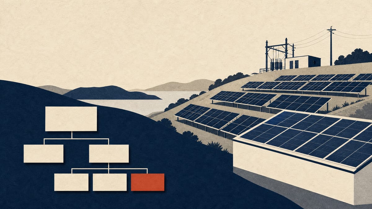 Solar panel arrays on a hillside beside a substation, with stacked blocks representing a holding-company ownership chain.