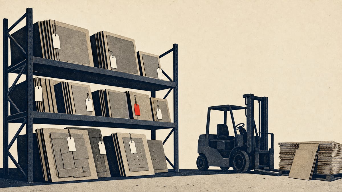 Shelving in a packaging workshop holding idle wooden dies and printing plates beside stacks of flattened cardboard.