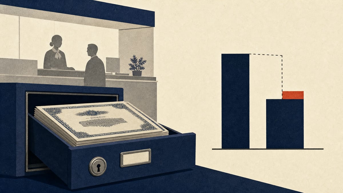 Editorial illustration of bond certificates in a vault drawer beside two columns of different heights showing the gap between book and market value.