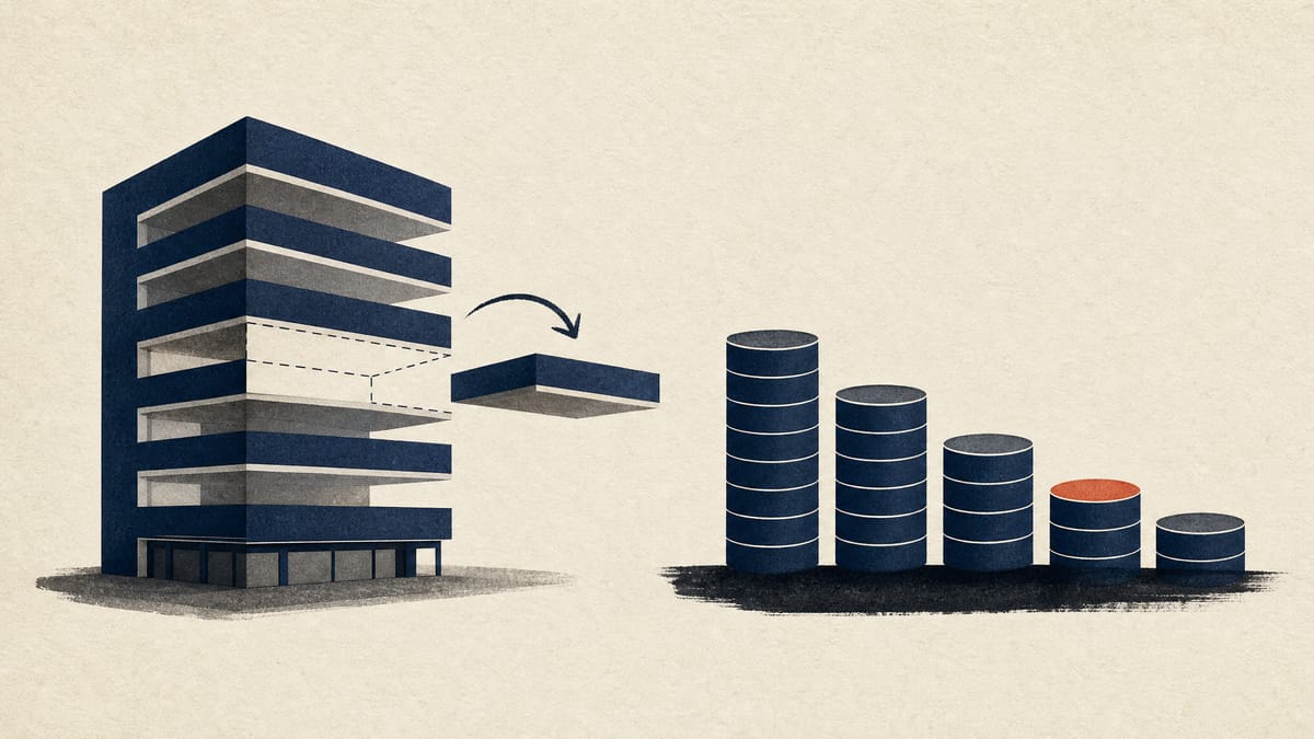 A stack of building floor plates beside a descending row of payout blocks, illustrating property sales fading while the per-unit distribution falls.