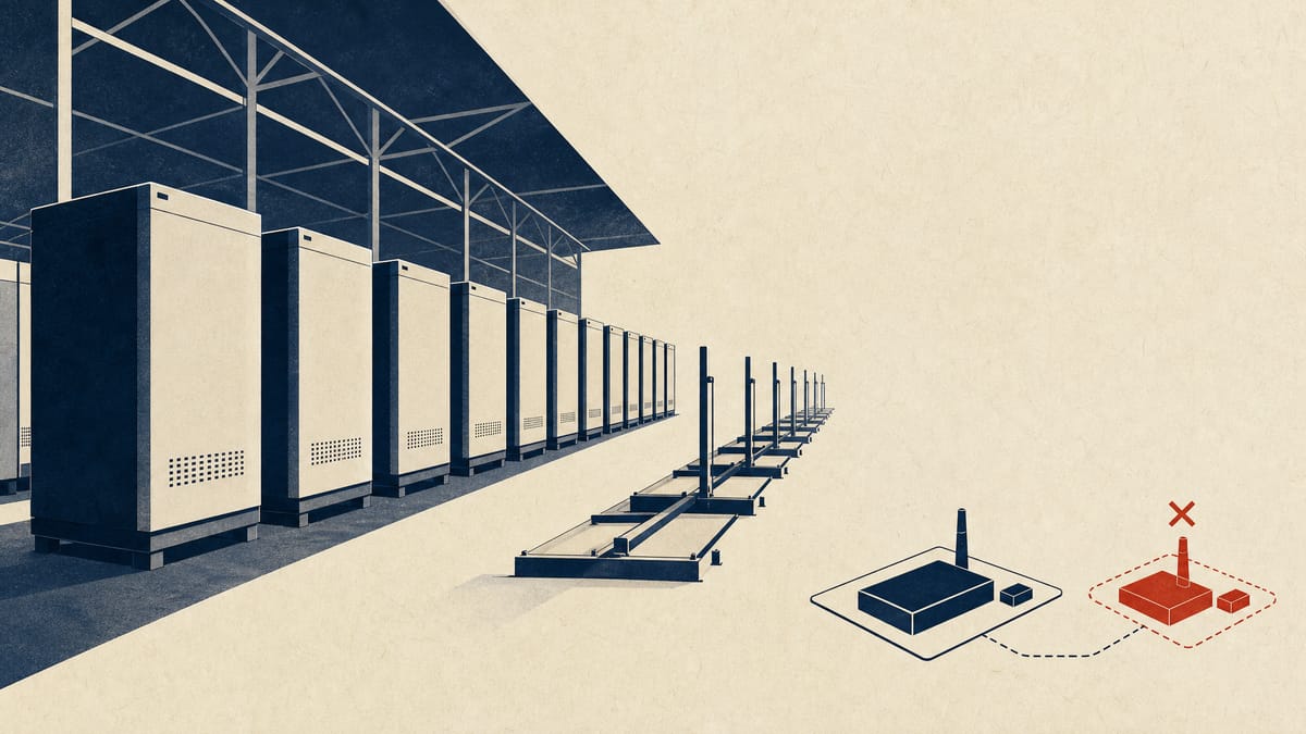 Finished battery storage cabinets lined up in a factory hall beside a new production line and a plant-layout diagram showing one deferred site.
