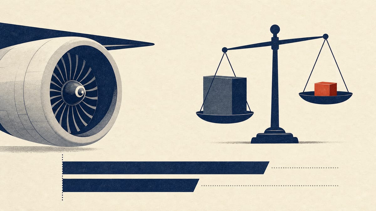 Illustration of two loan-maturity bars of different lengths beside an aircraft engine and a balance scale weighing earnings against interest cost.