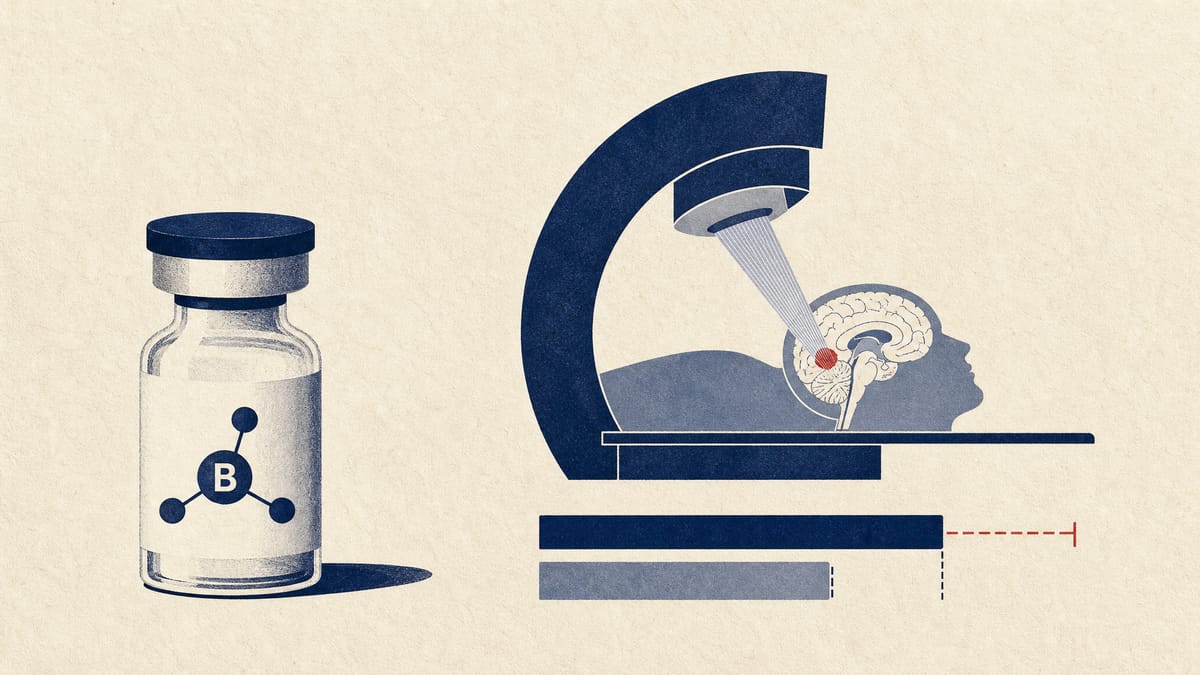 Illustration of a drug vial, a neutron treatment room diagram and a brain cross-section beside two bars of unequal length comparing survival times.