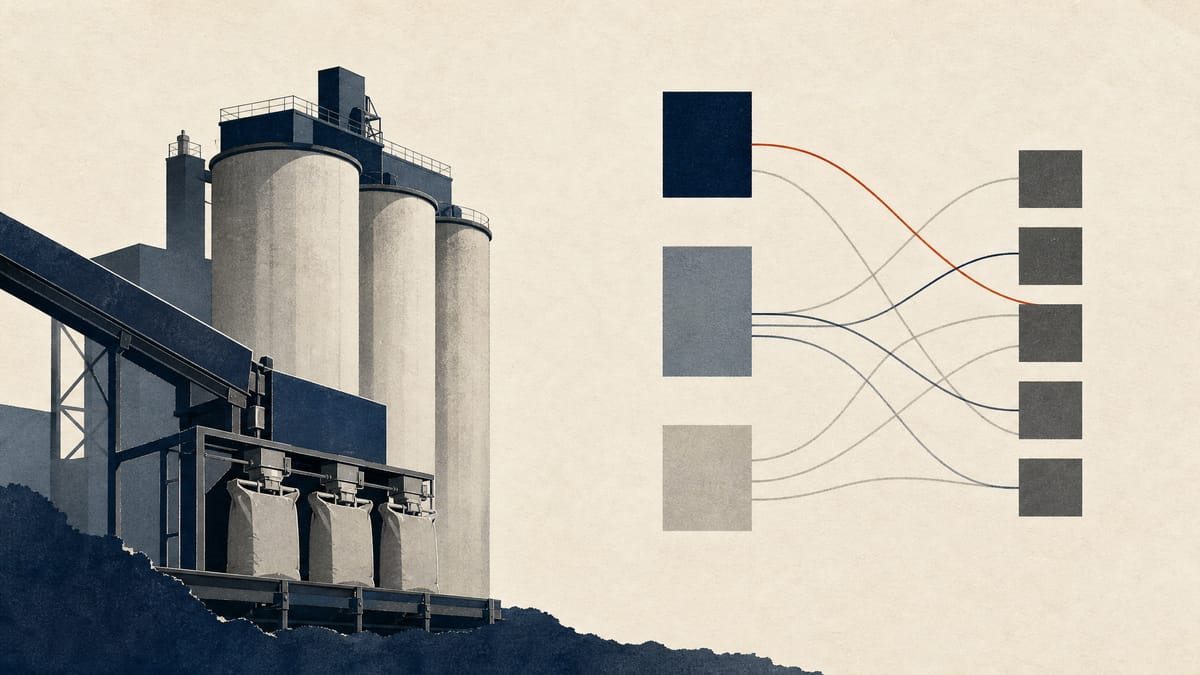 Illustration of cement plant silos overlaid with a diagram of shares passing between three investor blocks and five bank counterparties.