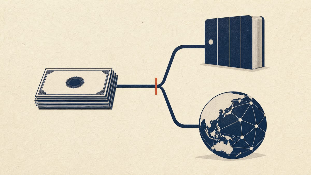Illustration of a stack of share certificates dividing into a domestic stream and an overseas stream.