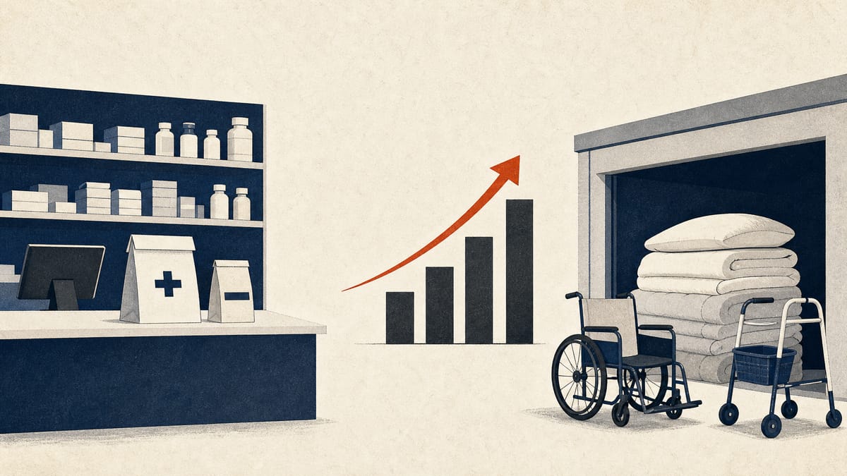 Pharmacy dispensing counter and stacked eldercare rental bedding beside a rising bar chart.