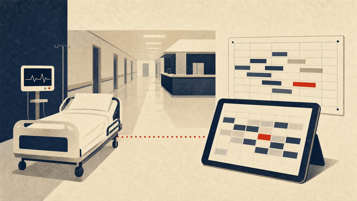 Hospital ward corridor with an empty bed, bedside monitor and a staff scheduling board, suggesting funding tied to beds and doctors' working hours.