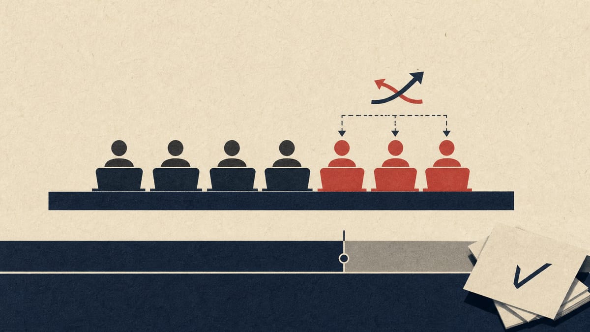 Diagram of a seven-seat board with three seats being replaced, next to a bar showing a 20% shareholding and a few ballot slips.