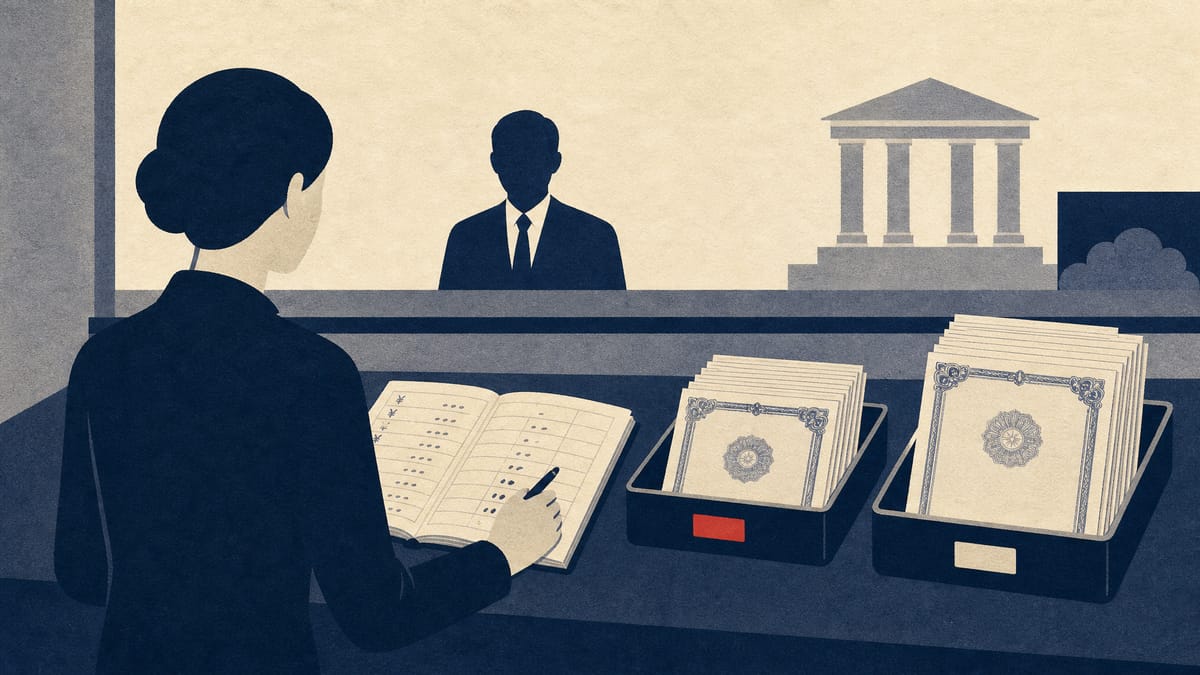 Illustration of a bank counter where bond certificates are sorted into sold and newly bought trays beside a yen loan ledger.