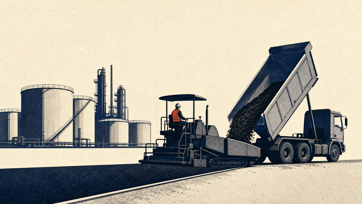 A road paver receiving hot asphalt mix from a truck, with refinery storage tanks in the background.