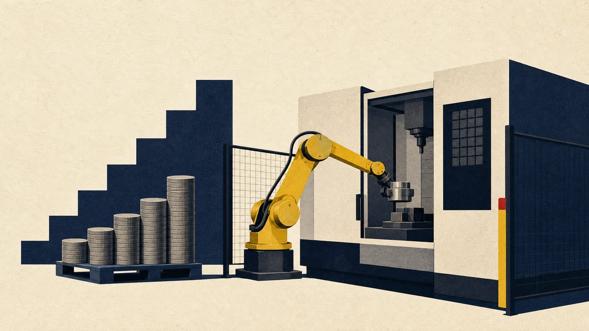 An industrial robot arm loads a workpiece into a machine tool on a factory floor, with stacked discs on a pallet nearby.