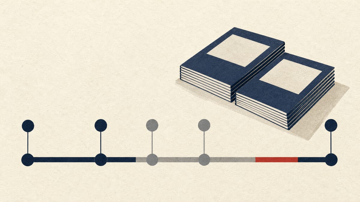 Abstract timeline showing a shifted record date and a gap between annual report filing and shareholder meeting, beside overlapping stacks of report booklets.