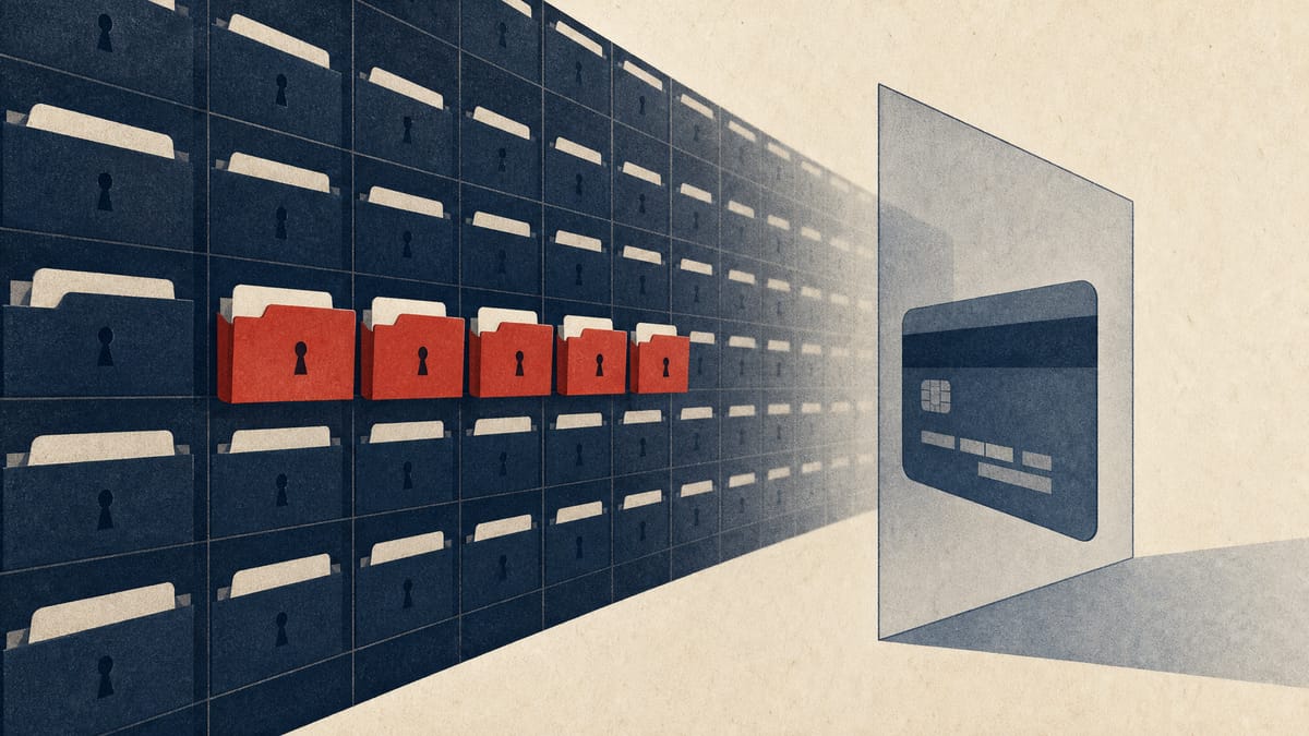 Illustration of a large grid of identical records with five highlighted entries pulled forward, and a payment card shape behind a translucent barrier.