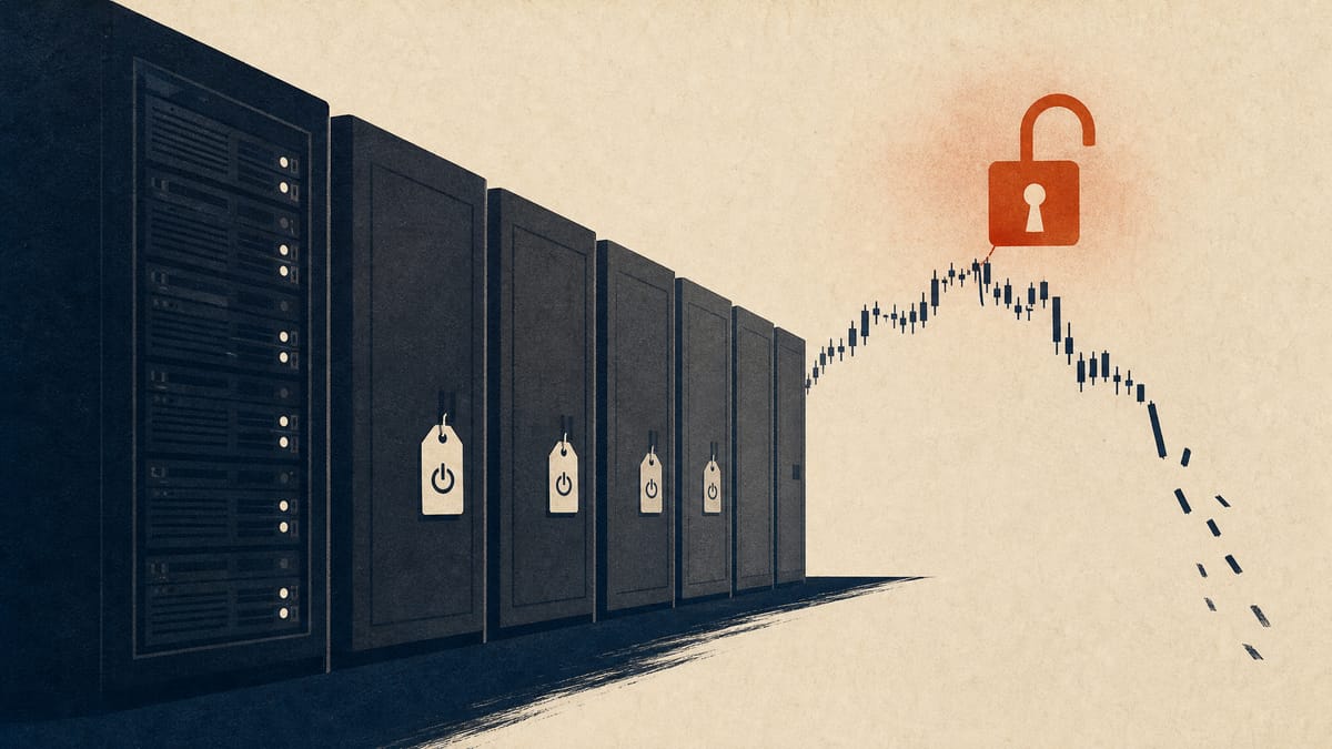 A data-centre aisle with several server racks switched off and an open padlock shape above a broken trading-chart line.