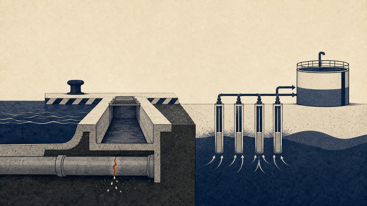Illustration of a cracked buried drainage pipe beside a seawall, with pumping wells drawing groundwater toward a treatment tank.