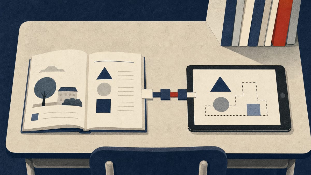 A printed textbook and a tablet side by side on a school desk, linked by interlocking blocks to represent a hybrid paper-digital textbook.